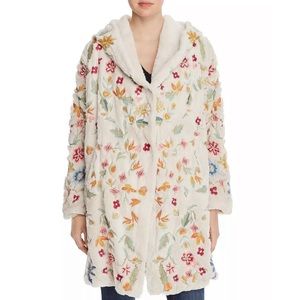 Johnny Was Biya Sona Fur Coat EUC Cream Embroidered Floral Size Large